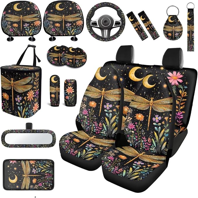 Golden Dragonfly Car Seat Covers Full Sets of 18 Pcs Universal Car Interior Accessories Sets with Dragonfly Car Headrest Covers Car Seat Belt Pads Cover Auto Trash Can Steering Wheel Wrap