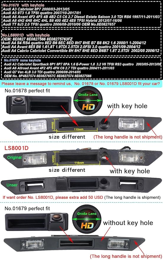 Super HD Car Reversing System Parking Assistance Waterproof Trunk Handle Reversing Rear View Camera, for Audi A3 Cabriolet Sportback 8P1 8P7 8PA/A6 Allroad Avant 4F2 4F5 4FH/Q7 Van 4LB 3.0 TDI quattro