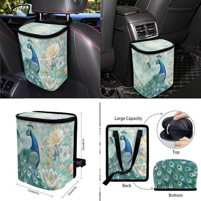 Peacock Flower Butterfly Print Auto Seat Covers Full Set, 10 Pcs Universal Fit Car Accessories Steering Wheel Cover Car Trash Bin Keychain Coasters Air Vent Storage Box