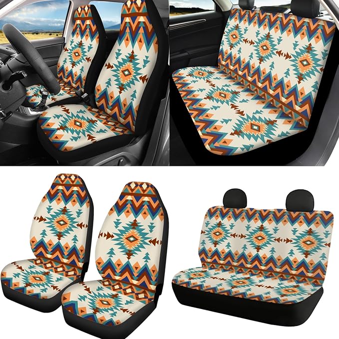Aztec Tribal Seat Covers Full Set with Steering Wheel Cover, Shoulder Pads, Bucket Seat Covers Car Accessories Universal Fit for Most Cars, Off White and Orange