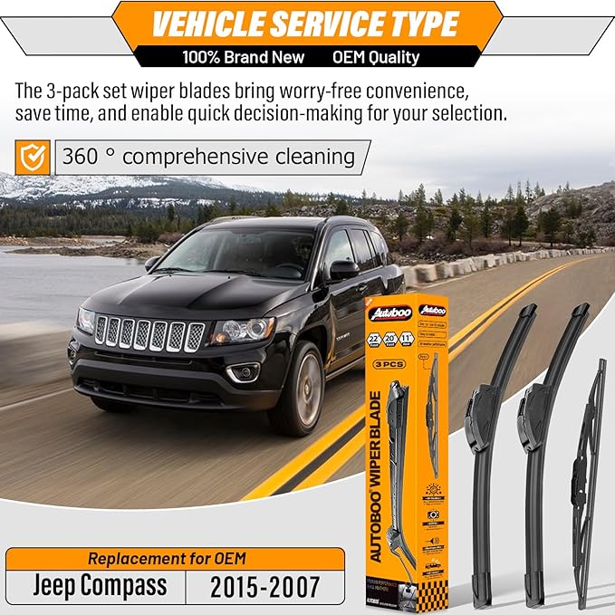 AUTOBOO 22"+20" Windshield Wipers with 11" Rear Wiper Blade Replacement for Jeep Compass 2007 2008 2009 2010 2011 2012 2013 2014 2015 -Original Factory Quality (Pack of 3)