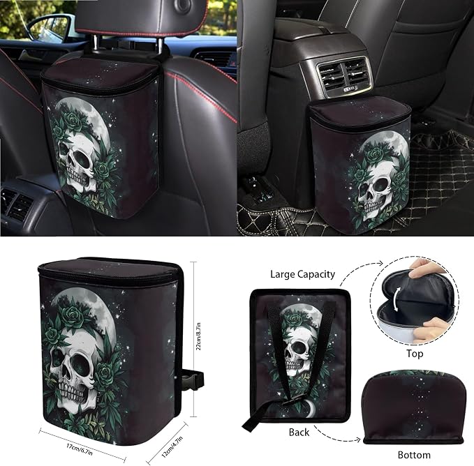 Moon Skull Rose Print Car Seat Cover Full Set of 15 Seatbelt Strap Pad Steering Wheel Covers Rear View Mirror Cover Trash Cans Air Vent Storage Bag Cup Coasters Keychain