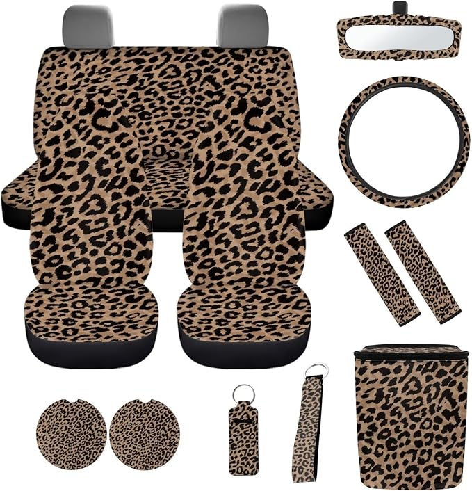 12 Pack Leopard Print Car Seat Covers Full Set Steering Wheel Cover Auto Seat Belt Pad Cover Car Trash Can Rear View Mirror Cover Cup Coasters Keychains Keychain Holder