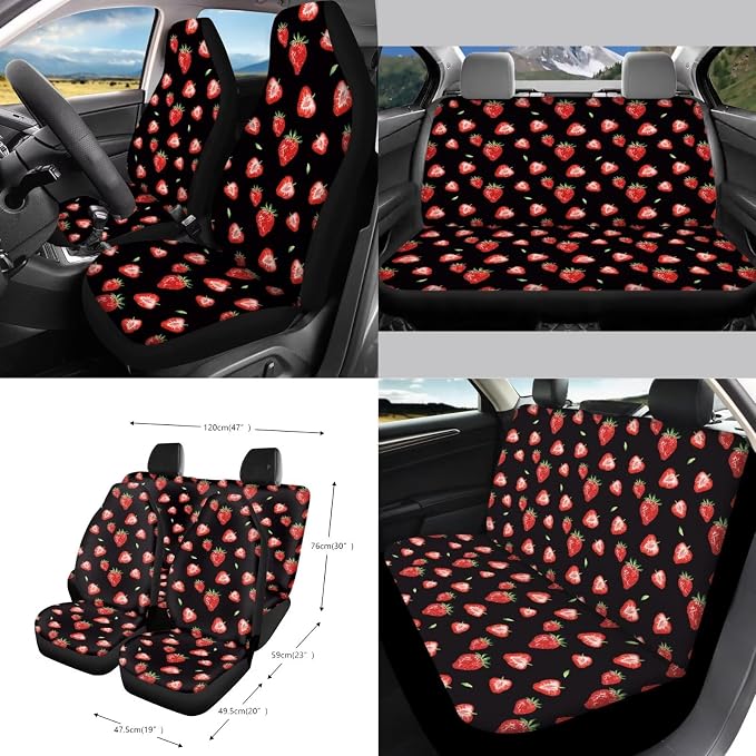 Strawberry Print Car Seat Covers Full Set with Accessories for Women, Decorative Auto Accessories Include Steering Wheel Cover Safety Belt Pads Rearview Mirror Cover Cup Mats