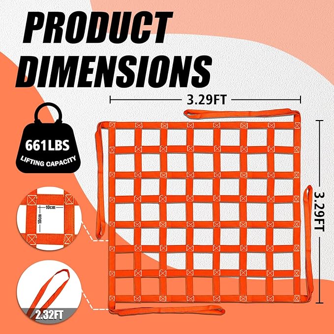 YATOINTO Cargo Lifting Net 3.28' x 3.28', Lifting Net Straps for Hoist 661lbs Load Capacity, Nylon Sling Hoisting Net 10CM Square Hole for Construction Rigging Moving Towing Hoisting Loading Unloading