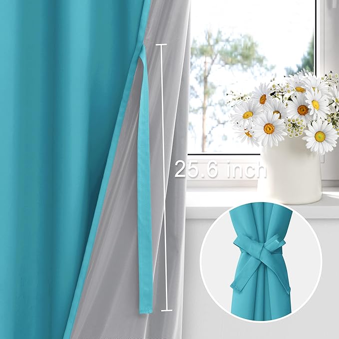 XWZO 100% Blackout Curtains with Tiebacks - Heat and Light Blocking Ring Top Window Drapes with Black Liner Backing for Bedroom/Kid's Room, Turquoise, W38 x L72, Set of 2 Panels