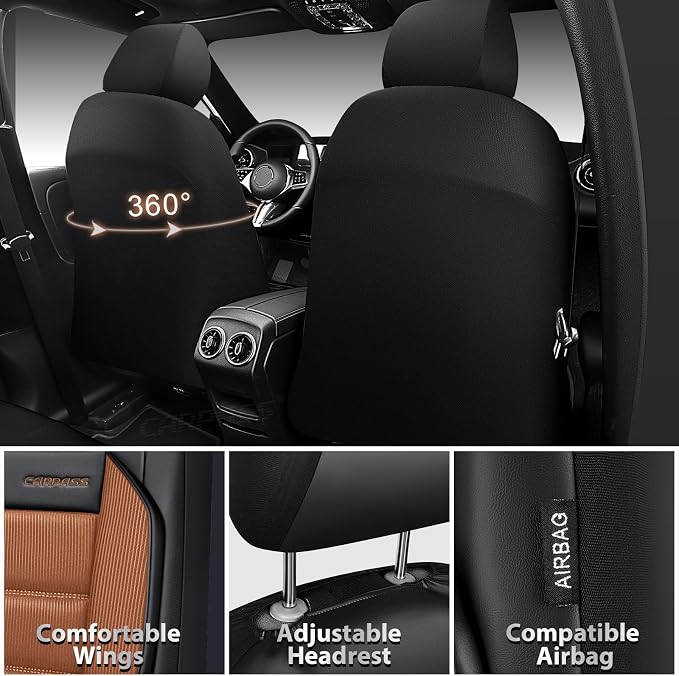 CAR PASS Memory Foam Seat Covers Full Sets, Airy Cool Mesh Thick Car Seat Covers, Leather Car Seat Covers 5 Seats Airbag Compatible, Universal Automotive Comfort for Most Cars, Trucks, SUV, Brown
