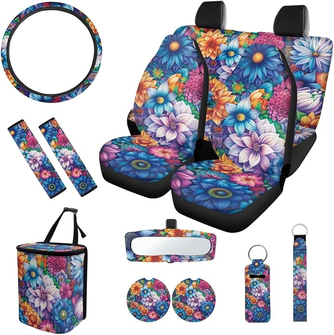 Colorful Flowers 12 Pack Automobile Seat Cover Set Car Steering Wheel Cover Seat Belt Cover Car Trash Can Coasters Decor Accessories Fit Most Cars, Truck, SUV, or Van