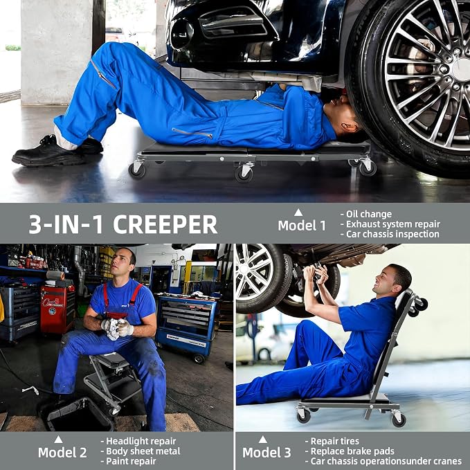 Mechanic Creeper 36 inches 3-in-1 Mode Z Seat 340lbs Capacity, Foldable Garage Adjustable Rolling Folding with 6pcs Wheels Roller, Lay Down Sit Lean Back, Under Car Auto Repair, Grey, Man Gift