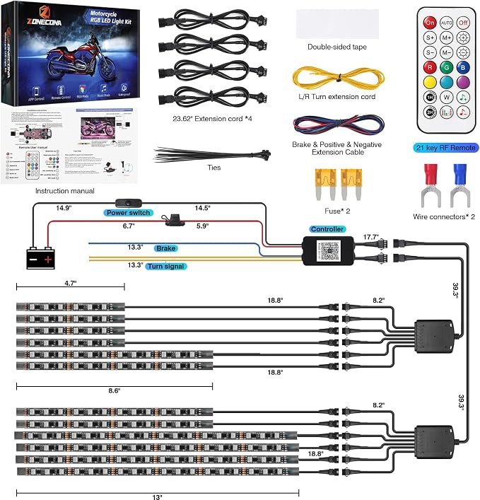 12PCS Chaser Motorcycle LED Lights Kit with APP/RF Remote, RGB+IC Dream Color Motorcycle Lights Underglow Kit with Brake Turn Signal, Neon Strip Multicolor 12v Waterproof for Harley Kawasaki