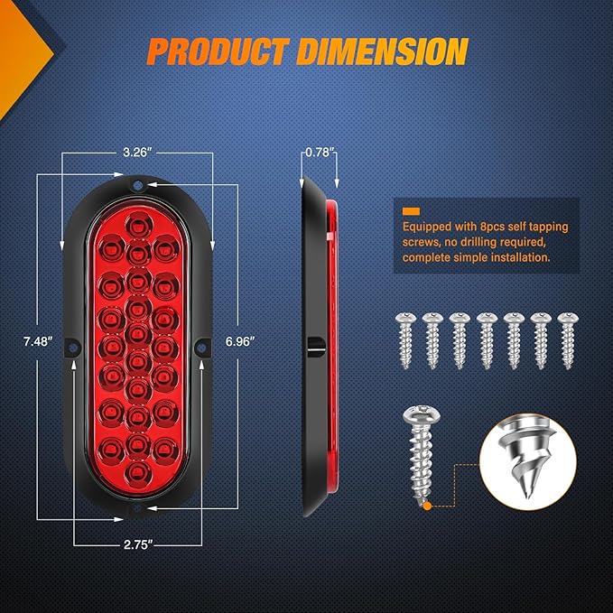 Nilight 6Inch Oval Tail Light 2PCS Red 24LED Running Stop Brake Turn Surface Mount Marker Light Sealed IP67 Waterproof Taillight for 12V RV Camper Caravan Truck Trailer Bus
