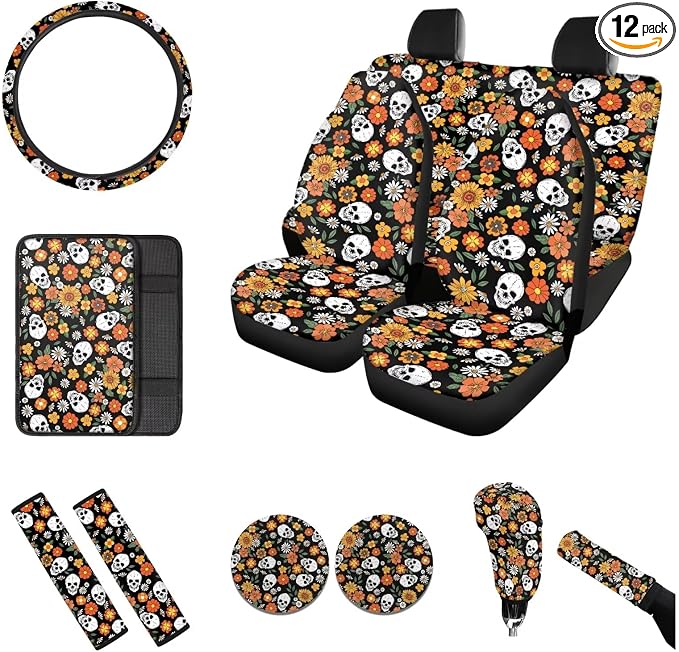 12 Pcs Skull Hippie Flowers Car Accessories Set, Seat Covers Steering Wheel Cover Car Coasters Pad Seat Belt Pads Center Console Cover Gear Shift Knob Cover Car Halloween Decorations