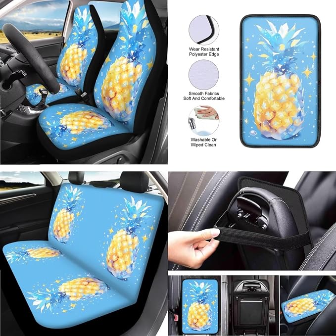 Pineapple Pattern Car Seat Cover Full Set 13 Pcs Watercolor Pineapples Painting Print Front/Rear Split Bench Protection Universal Fit for Auto Truck Van SUV, Turquoise