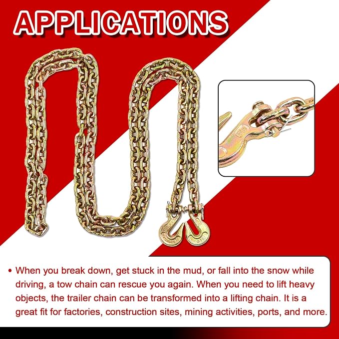 Heavy Duty G80 Transport Binder Chain 5/16'' Inch x 12 Feet,Tow Chain with G70 Clevis Grab Hooks,4900 lbs Safe Working Load Logging Chain for Transporting, Towing(5/16'' x 12FT Yellow).