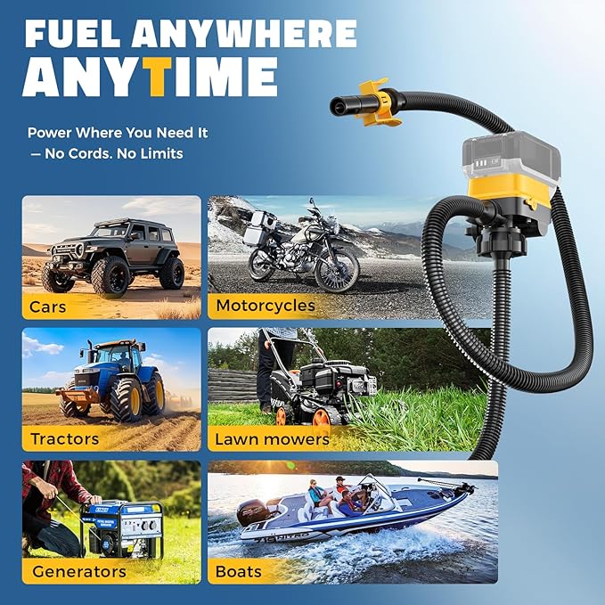 DIYtoolifz Cordless Fuel Transfer Pump with Auto-Stop, 3.2 GPM Flow Portable Fuel Pump Compatible with DeWalt 20V & Milwaukee 18V Batteries, with 41'' Hose, 3 Adapters for Diesel, Gasoline (Bare Tool)