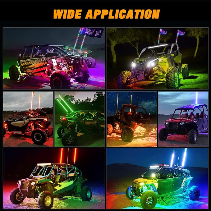 Nilight 2PCS 4FT RGB LED Whip Light and 4 PCS Rock Lights Combo, Remote & App Control w/DIY Chasing Patterns Stop Turn Reverse Safety Antenna Lighted Whips for ATV UTV