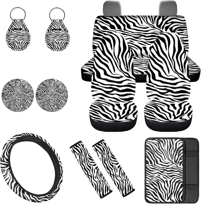Zebra Print 12 Pcs Car Seat Covers Full Set with Auto Steering Wheel Cover Armrest Cushion Protector Seat Belt Covers Automotive Interior Sets Universal Fit for Cars SUV