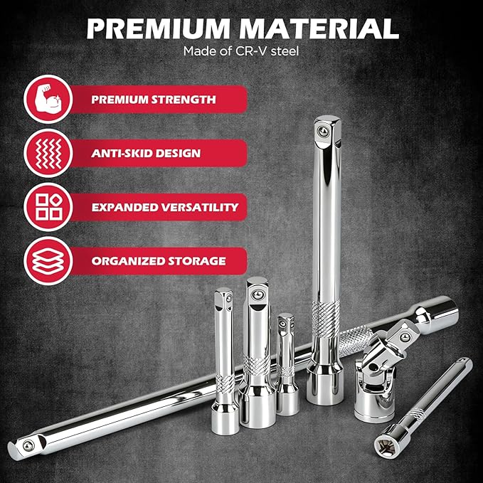 SEDY 9-Piece Socket Extension Bar Set, 1/4" & 3/8" Drive Ratchet Extensions 2", 3", 4", 6", 8" & 10" with Universal Joints, CR-V Steel for Tight Spaces