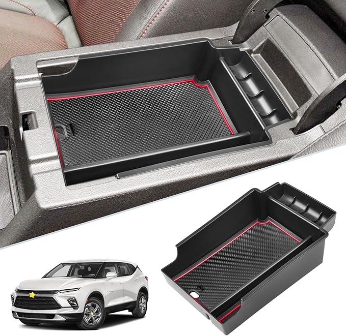 SKTU for 2019-2024 2025 Chevrolet Blazer Center Console Organizer 2024 2025 Chevy Blazer Accessories ABS Black Materials Tray Armrest Secondary Storage Box with Coin and Glass Holder (Red)