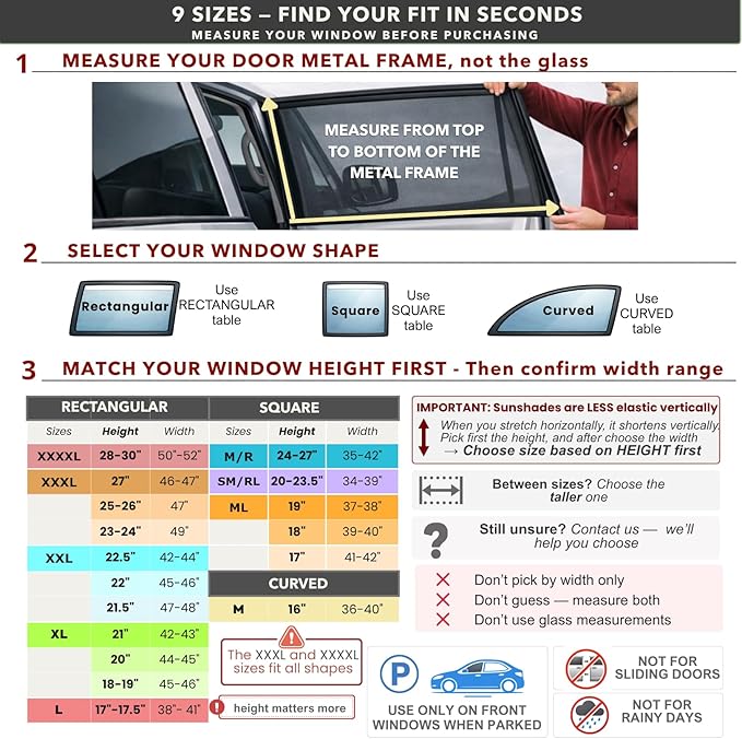 XL/Car Side Window Shades for SUV (9 Sizes/2 Pack). Breathable Stretchy Mesh for Sun, Heat & Privacy Protection, Blocks 96% UVA, Baby/Camping Bug Windows Screens Full Covers | Qualizzi®
