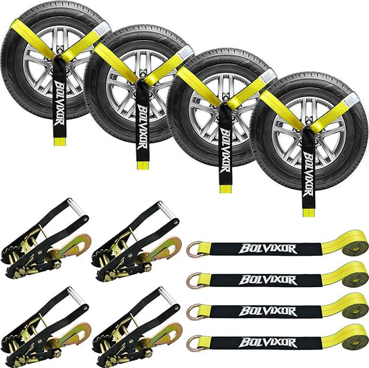 4 Pack Car Tie Down Straps for Trailers - 2" x 96" - 9900LBS Break Strength - Tire Ratchet Strap with Snap Hooks - Adjustable Wheel Straps for Hauling UTV, SUV, Truck, Any Cars