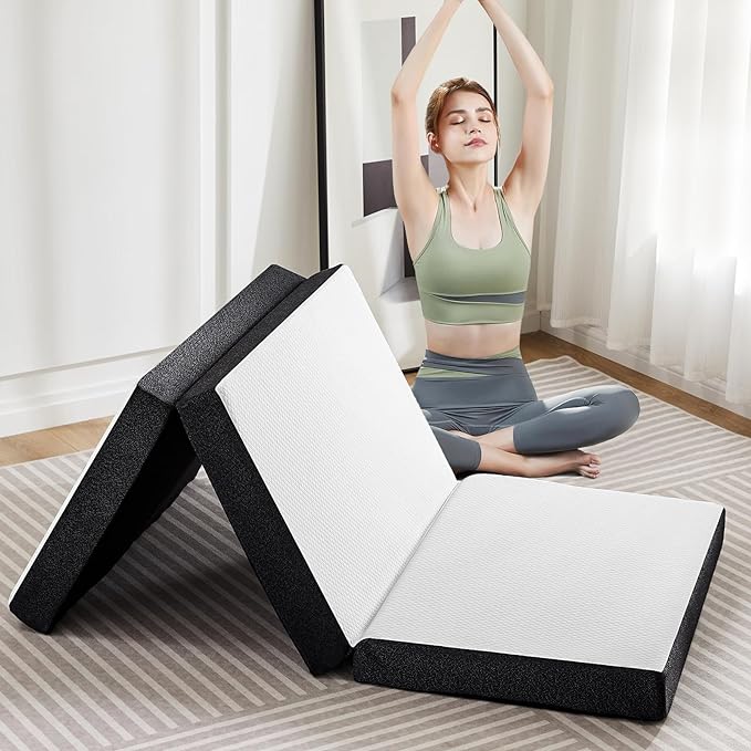 Tri-Fold Full Memory Foam Pads, 4 inch Folding Topper with Washable Cover, Portable Non-Slip Guest Floor Bed for Camping Travel – Ideal for Overnight Guests, RV, and Outdoor Adventures