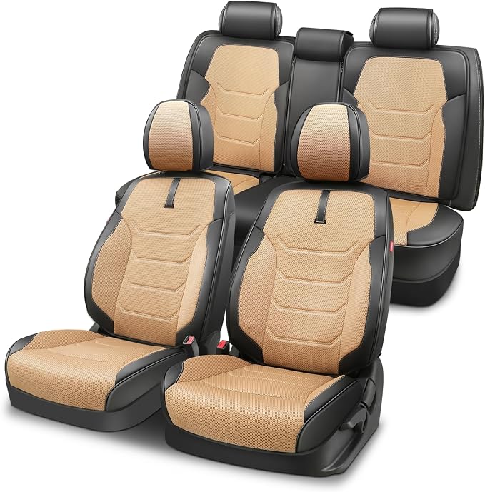 Auto Dynasty Car Seat Covers Full Set, Anti-Slip Automotive Interior Covers with Storage Pocket, Breathable Car Seat Protectors, Airbag Compatible, Universal Fit Most Vehicles, Beige (Sport Series)