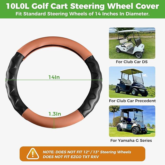 10L0L Golf Cart 14" Steering Wheel Cover for Club Car DS Precedent and Yamaha Models, Breathable Rubber Leather Materials,Good Texture Nice Look（Black+Brown）