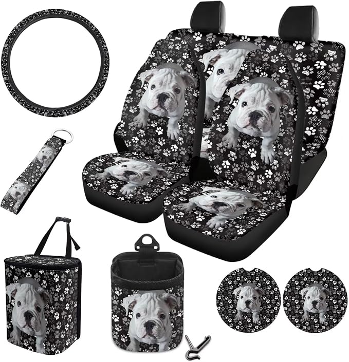 Bulldog Dog Paw Print Car Accessories Sets 10 Pack Car Seat Covers Car Trash Can Steering Wheel Cover Auto Air Vent Storage Bag Coasters Keychain Universal Fit for SUV Van Truck