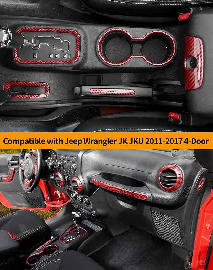 Hoolcar Steering Wheel Cover Gear Shift Panel Trim Cover Water Cup Holder Cover Kit Interior Accessories Kit Fit for Jeep Wrangler JK JKU 2011-2018, 4-Door, Red Carbon Fiber