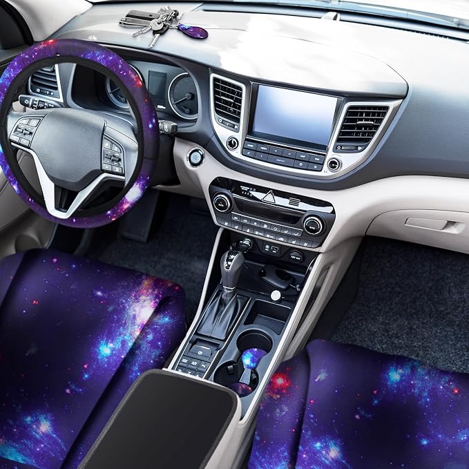 Frienda 15 Pieces Galaxy Car Seat Cover Steering Wheel Cover Universal Star Space Galaxy Car Accessories Separate Headrest Seat Belt Pads fit for Auto Truck Van SUV