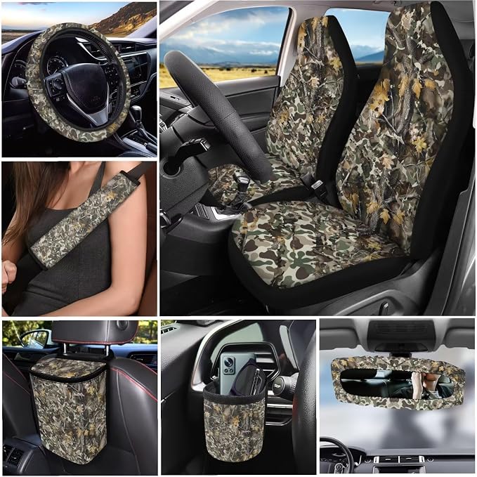 Dreaweet Car Seat Covers Full Set 15 Pcs Camo Deer Hunting Seat Covers with Steering Wheel Cover Seat Belt Pads Trash Bag Air Vent Pouch Rear View Mirror Cover Coasters Keychain