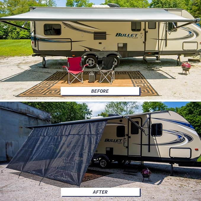 NAIMORUI RV Awning Shade Screen with Zipper, 8'X17'3" RV Awning Front Shade Screen, Black Mesh UV Blocker Sunshade Complete Kits for RV Camper Motorhome Trailer, Black