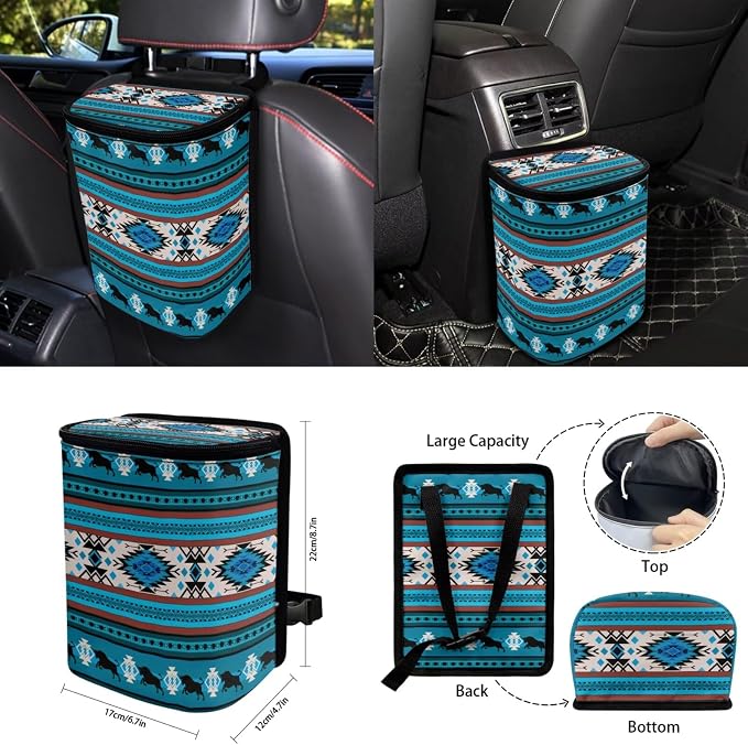 Blue Tribal Horse Car Seat Covers Set of 15 with Universal Steering Wheel Cover, Rearview Mirror Cover, Car Trash Can, Seatbelt Pads, Cup Holder Coasters, Keychains