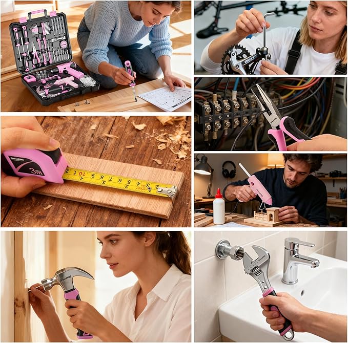 GRENPRO Pink Tool Set Drill Set, 188PCS Tool Kit For Home with Pink Cordless Drill Power, Hand Tool Kit for Women, Basic Household Auto Car Repair Tool Box for Men, Portable Storage Box Tools Sets
