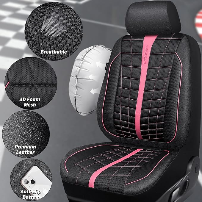 CAR PASS 3D Foam Mesh Leather Car Seat Covers Full Set, Breathable Premium Leather Seat Covers for Car,Anti Slip Universal Fit for Trucks Cars Sedans Vans SUVs, Airbag Compatible, Black Pink