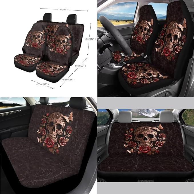 Skull Rose Print Automotive Seat Covers Full Set Includes Car Front and Rear Seat Covers Steering Wheel Cover Armrest Cushion Safety Belt Pads Cup Coasters, etc, Easy to Install