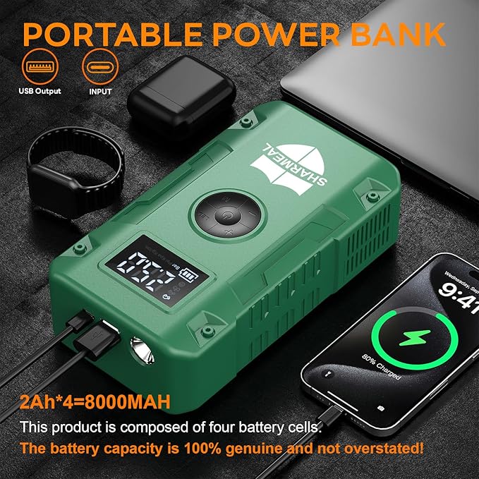 Sharmeal Jump Starter 6000A,12V Car Battery Jump Starter with Air Compressor (Up to All Gas or 10.0L Diesel Engine), Battery Booster with 3 Modes Flashlight and Jumper Cable
