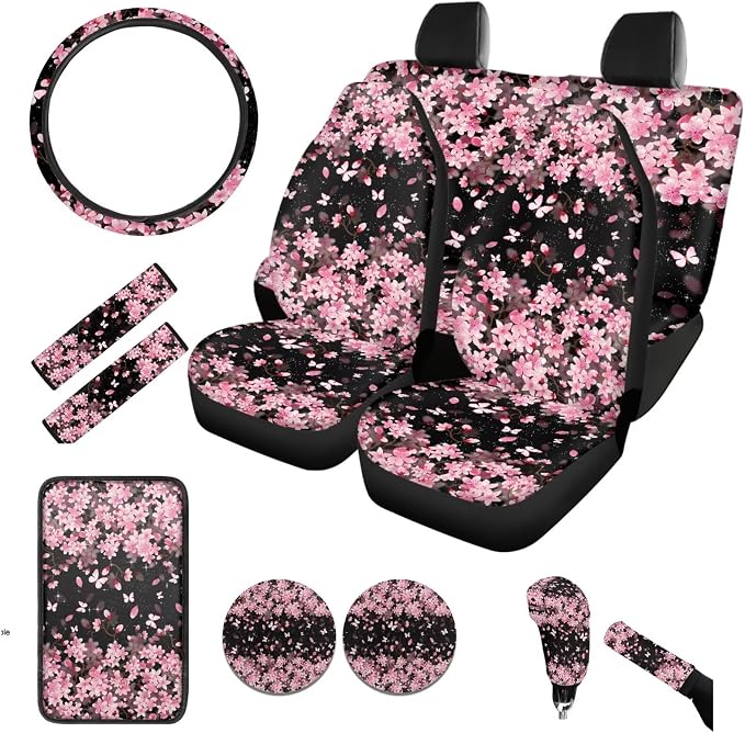 BIGCARJOB Cherry Blossom Car Seat Cover Set for Women Auto Interior Accessories Pink Flower Print Car Seat Protective Universal Steering Wheel Covers Armrest Pads,Universal Fit