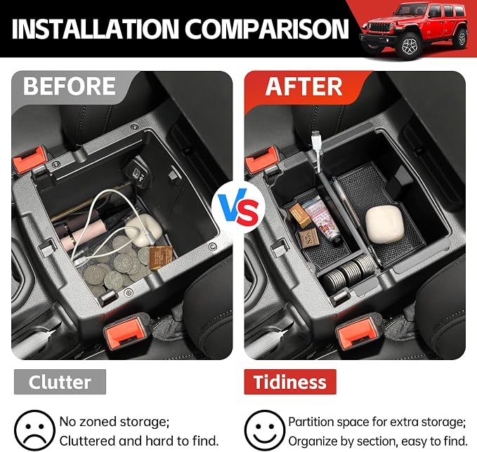 Center Console Organizer Tray Fit for 2018-2025 Jeep Wrangler JL JLU 4XE/Gladiator JT Center Console Armrest Box for Wrangler&Gladiator Accessories(Center Console Armrest Organizer)