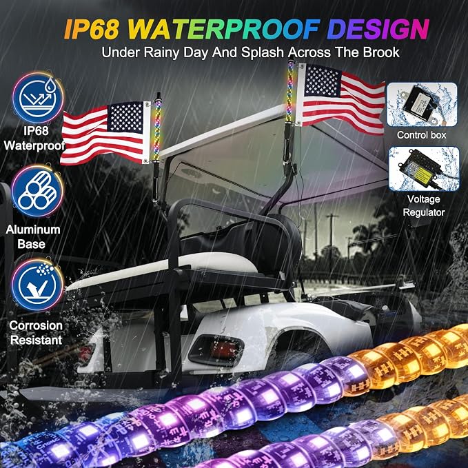 2 Pack 2FT Golf Cart Flag Pole Whip Lights, Only Fit 1.0" Square Rail, LED Light Bluetooth App & Remote Control, Lighted with Turn Reverse Brake Signal for 36V/48V/72V (Included DC Converter)