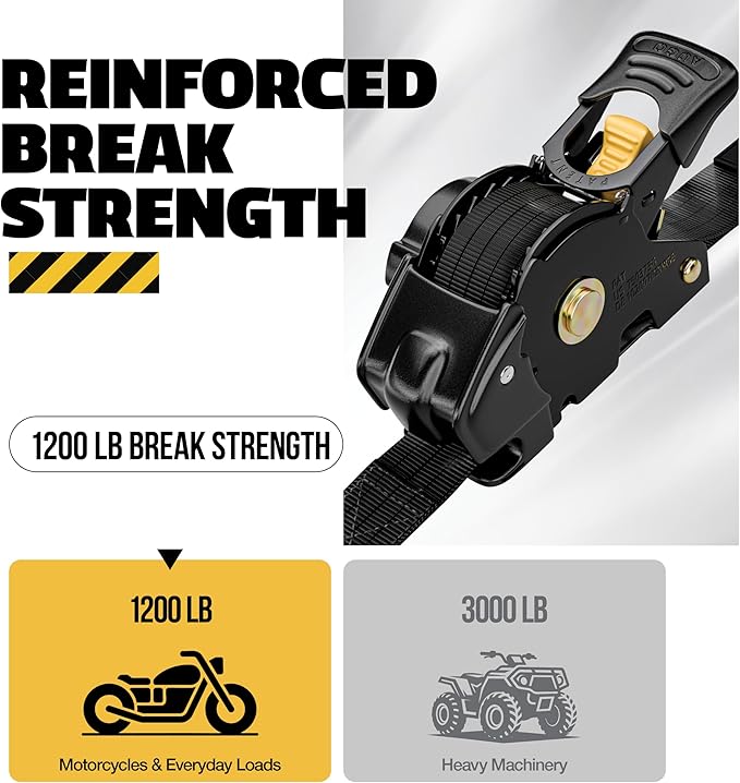 AUGO Retractable Ratchet Straps | 2 Heavy Duty Ratchet Straps Self Retractable Tie Downs with Soft Loops & Storage Bag for Motorcycle, Truck, Trailer, Cargo Van | 1200 Lb Break Strength 1” x 10’