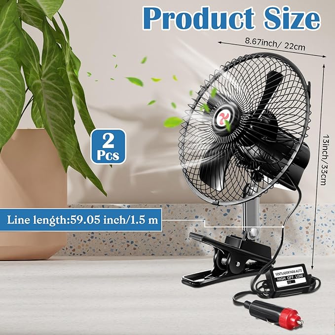 Tujoe 2 Pcs Portable Car Fan with Car Cigarette Lighter Electric Cooling 12 Volt Oscillating Fan 12 Volt Fan Automobile Vehicle 360 Degree Swivel Fan with Clip for Car Truck Supplies, Black (10 Inch)