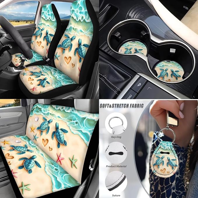 Sea Turtle Car Cover Seat Full Sets of 17 Pcs Green Sea Turtle Car Accessories Set with Steering Wherl Cover Seat Belt Cover Pad Car Mats Full Set Animal Vehicle Seat Covers Accessories