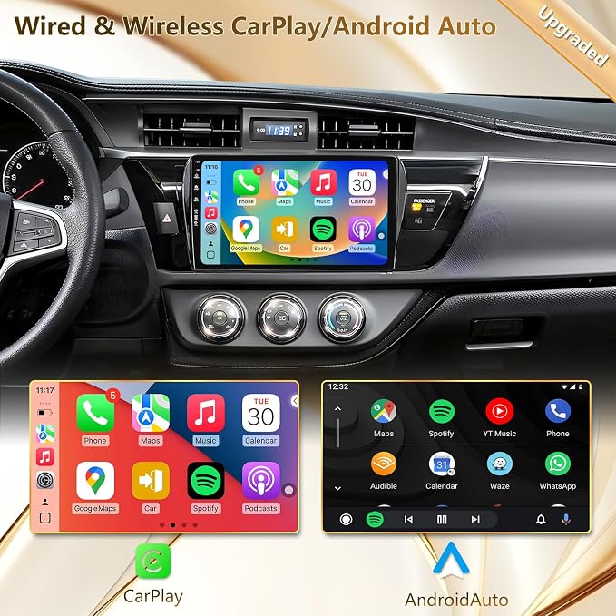 Car Radio Stereo for Toyota Corolla 2014-2016, Android 13 Wireless CarPlay Android Auto, Head Unit HD Touchscreen, QLED/Bluetooth/SWC/GPS Navigation/FM/Wifi/1080P Rearview Camera (Corolla14-2+64)