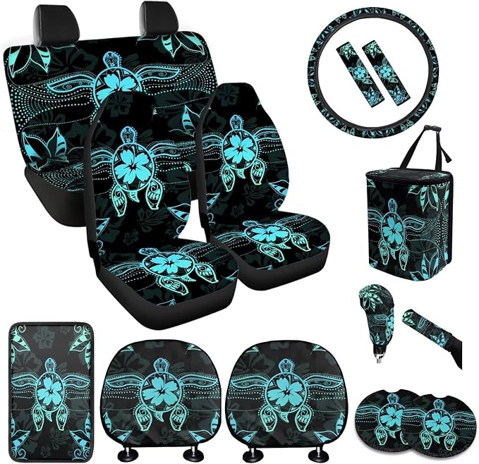 BIGCARJOB Art Sea Turtle Car Seat Cover Set of 15 Pcs Car Interior Seat Accessories Full Set with Universal Steering Wheel Cover,Car Trash Can,Seat Belt Pads,Seat Headrest Cover Set