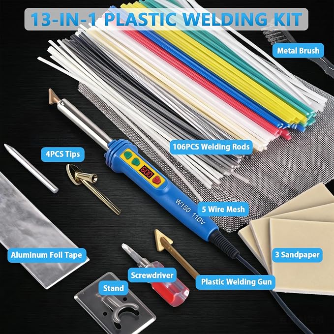 GNI Upgraded 150W LED Digital Adjustable Temperature Plastic Welder | 106PCS Welding Rods Repair Kit, 4 Tips 3 IN 1 Soldering Iron Kit, Plastic Welding Kit for DIY/Bumper Kayaks