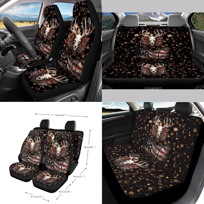 Dear Maple Leaf American Flag Print 15PCS Auto Interior Sets Car Front Rear Seat Covers Steering Wheel Cover Seat Belt Cover Keychain Trash Can Air Vent Storage Bag Mirror Cover