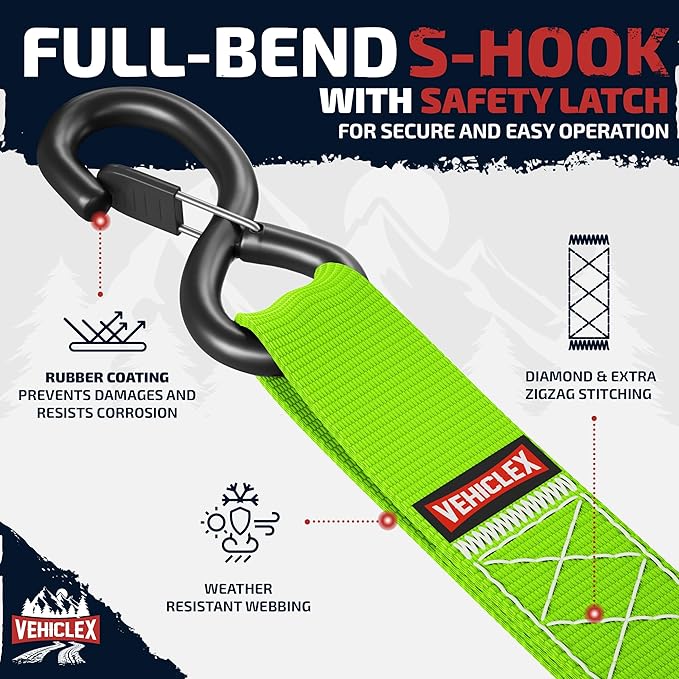 Vehiclex Motorcycle Ratchet Tie Down Straps with Soft Loops - 4PK Heavy Duty 1.5" x 8ft Kit, 4,400 lb Breaking Strength for Powersports, Green