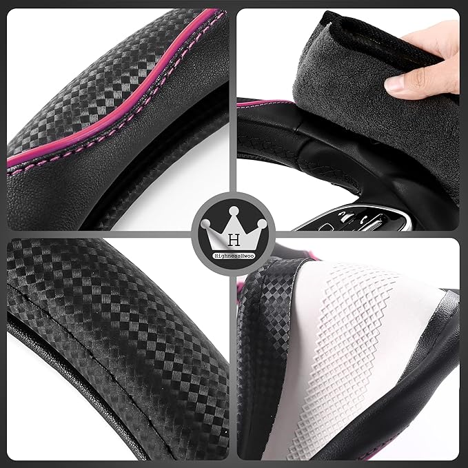 HighnessHwoo 3D Car Steering Wheel Cover Comfort Grip Massage Sporty Anti-Slip Carbon Fiber Faux Leather for Sedan SUV, Universal Fit, Car Handle Covers for All Seasons, 14.75-15.15in, Pink